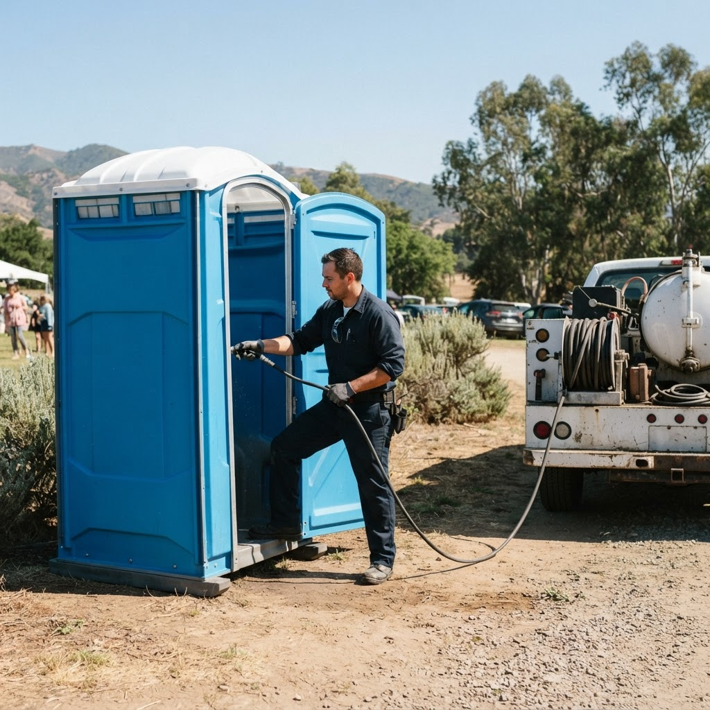 Technician servicing a portable restroom at an event site