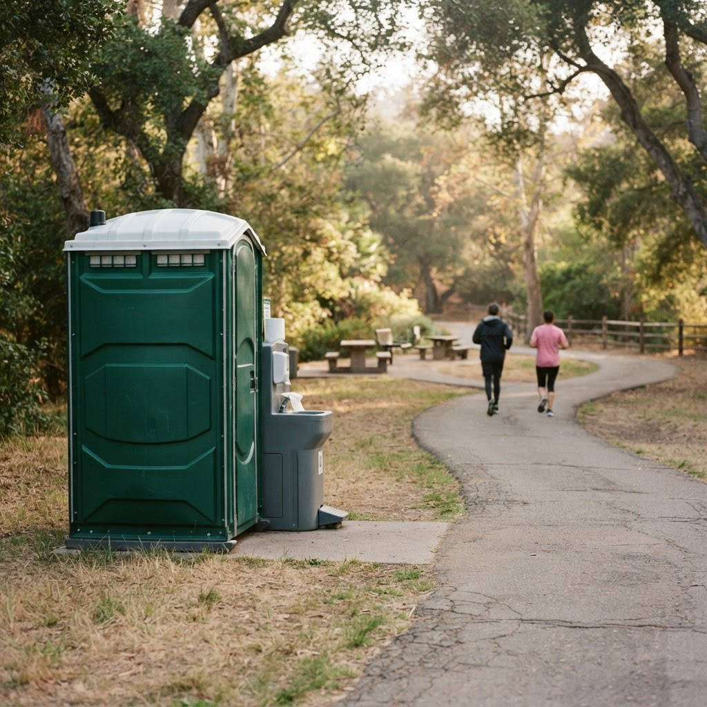 Portable restroom cabin beside a community park trail