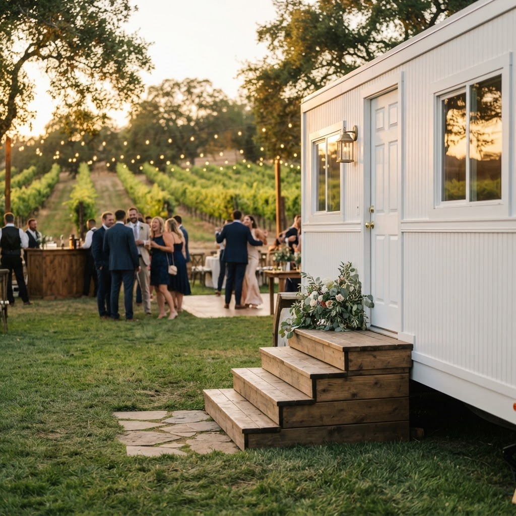 Luxury restroom trailer at an outdoor vineyard wedding
